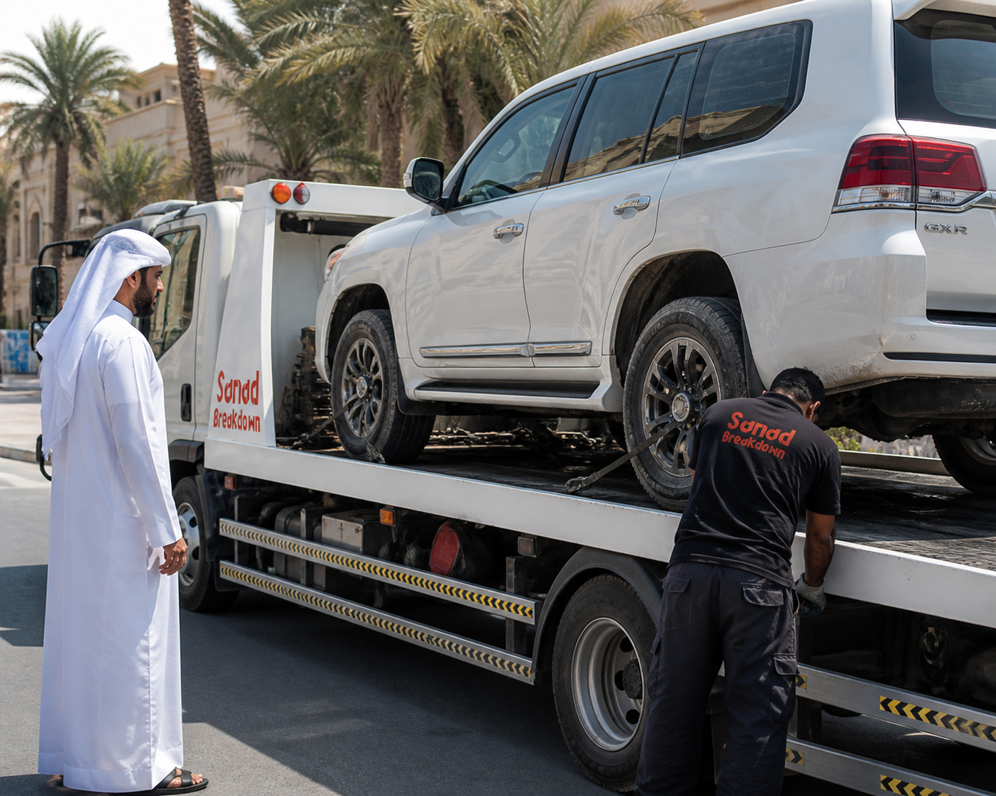 Sanad roadside assistance technician helping beside a car